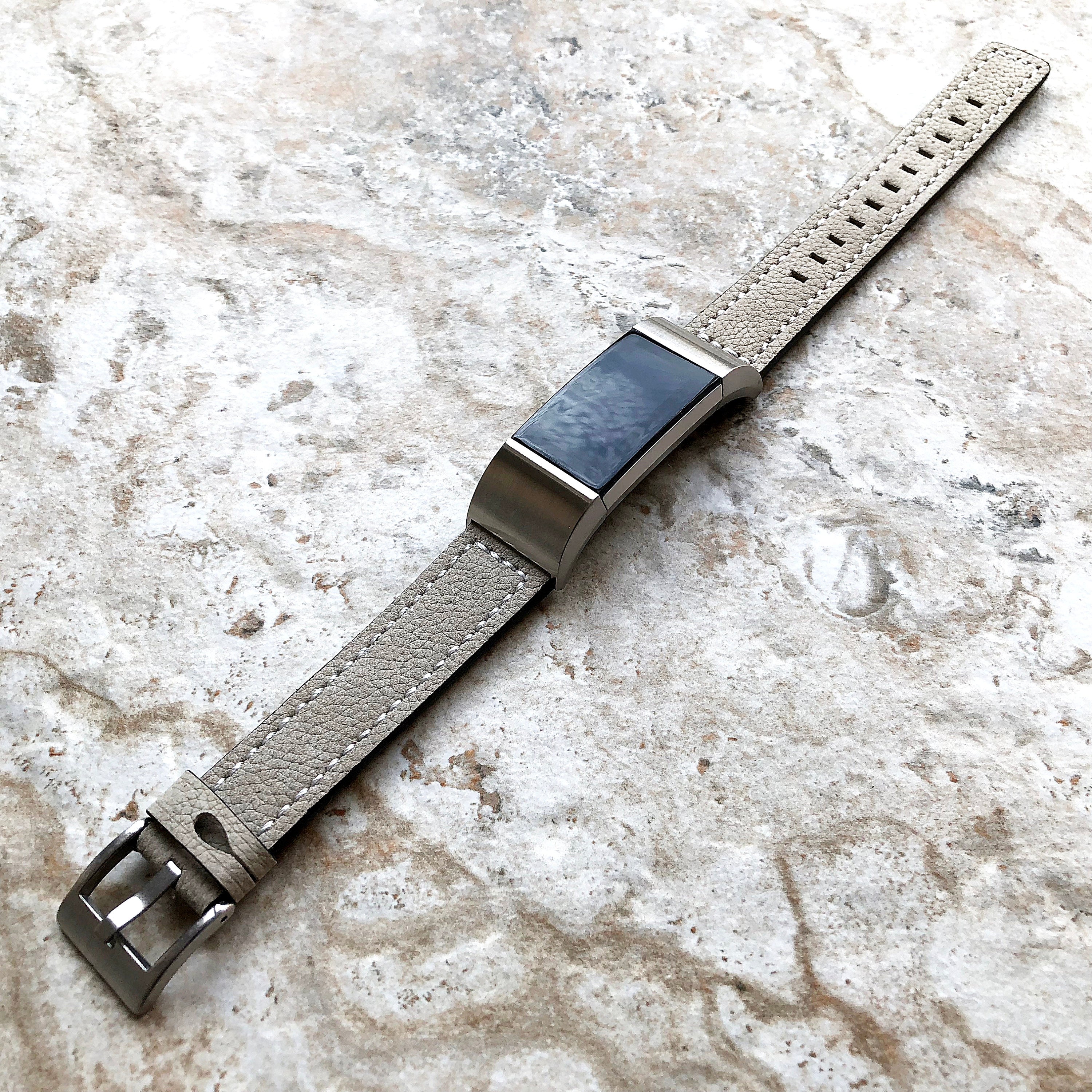 Fitbit Charge 6 5 4 3 Gray Soft Leather Band Strap for Fitness Tracker Replacement Wristband Bracelet with Stitches Adapters Quick Release